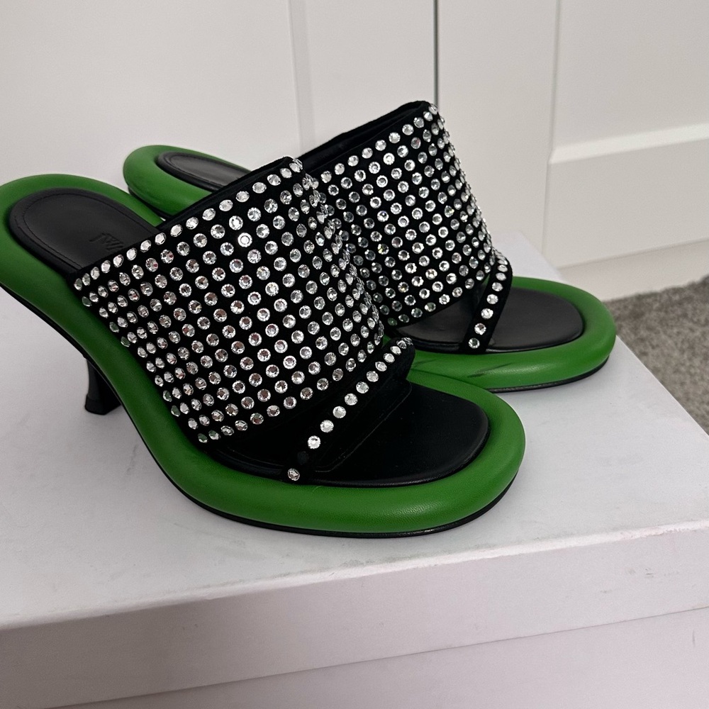 JW Anderson Black Rhinestone Slide Heels with Green Trim